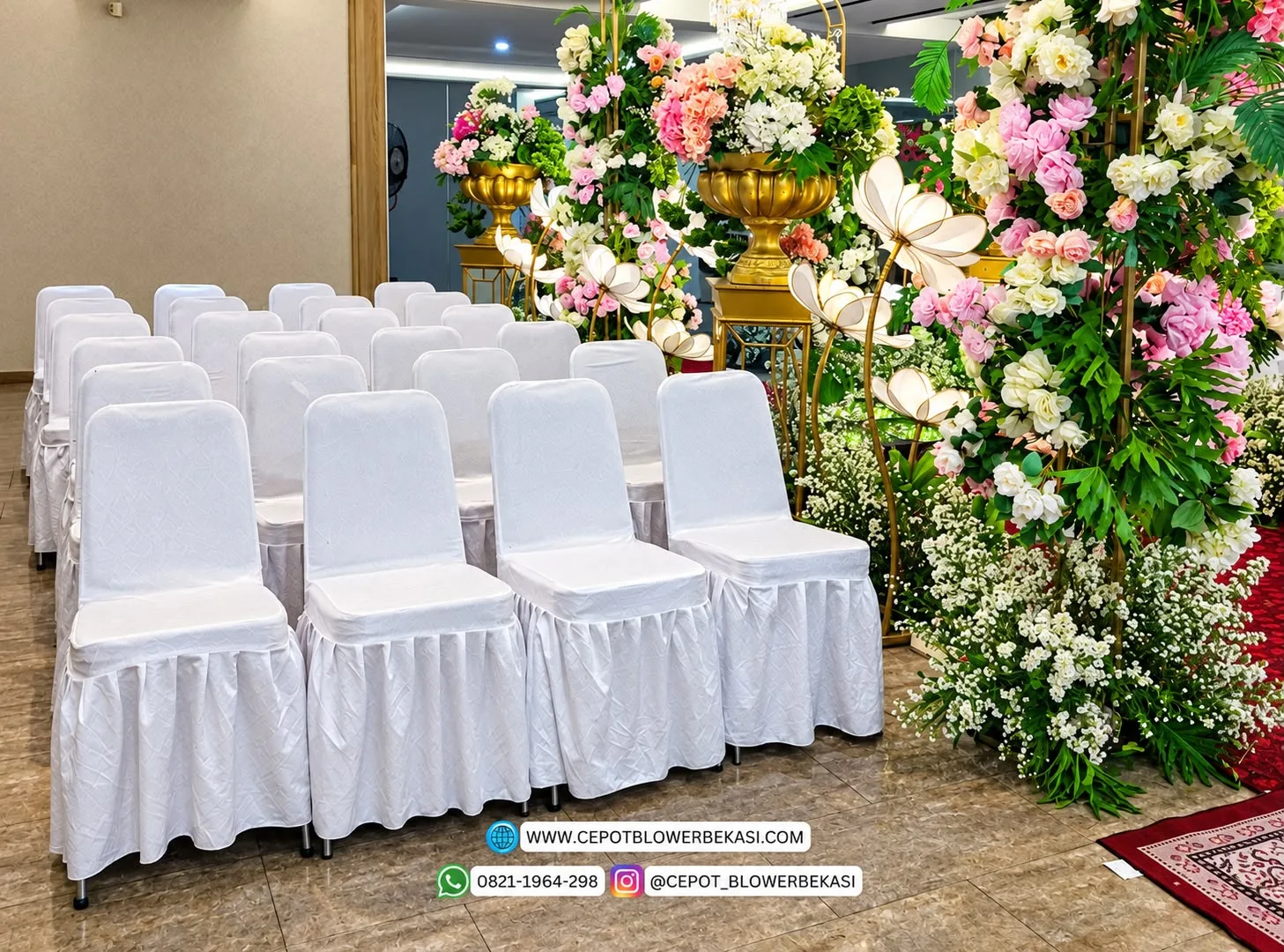 Sewa 80 kursi Futura cover putih rampel di Gedung The Function One, Kranji, Bekasi